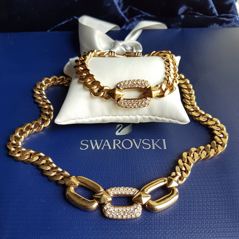 AUTHENTIC Swarovski Gold Plated Chunky Chain Link Vintage Bracelet - Picture 6 of 17